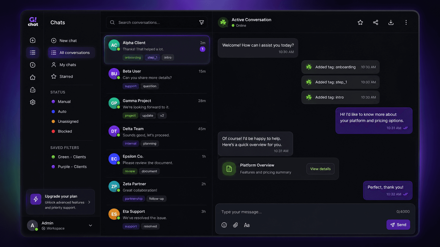Gchat shared inbox showing conversations, assignments, tags, and customer replies